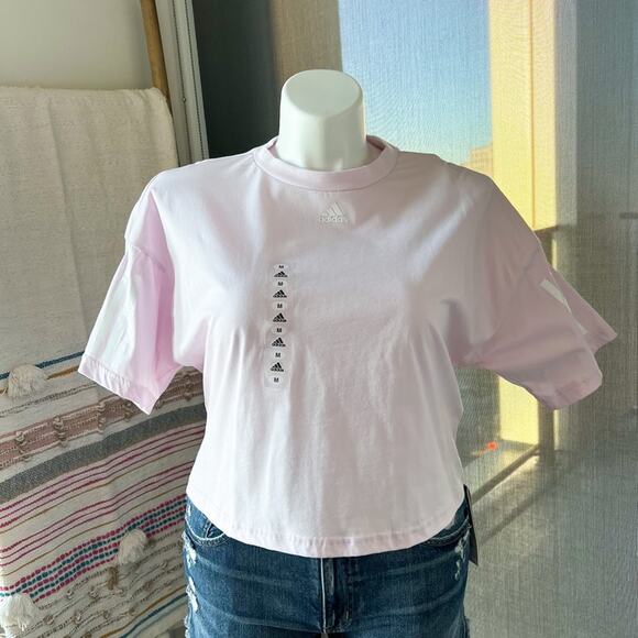 Adidas Almost Pink Loose Fit Crewneck Short Sleeve Open Back Cropped T-Shirt M - Picture 1 of 9